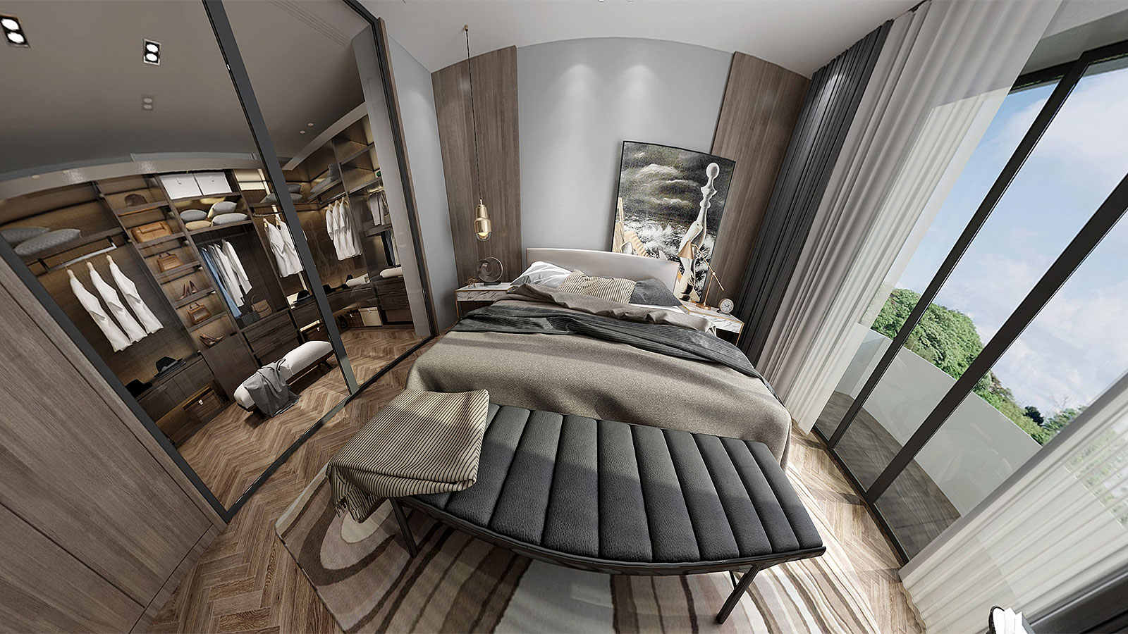 Спальня с гардеробной за стеклянной стеной, банкетка у кровати и окно в пол